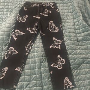 Black High rise straight leg jeans with butterfly detail